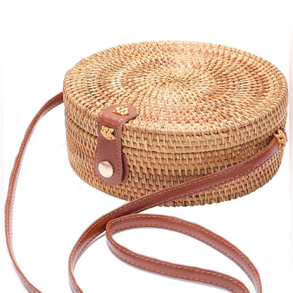 Handwoven Round Rattan Bag Shoulder Leather Straps